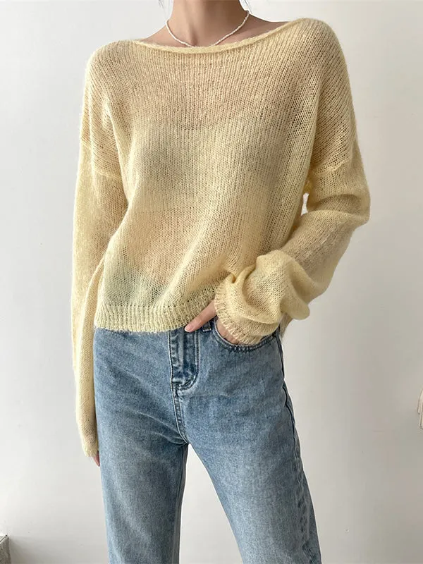 Gentle Mohair Knitted Loose Long Sleeves Solid Color Thin Sweater Tops