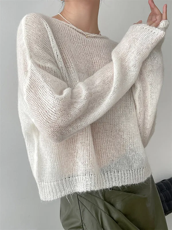 Gentle Mohair Knitted Loose Long Sleeves Solid Color Thin Sweater Tops