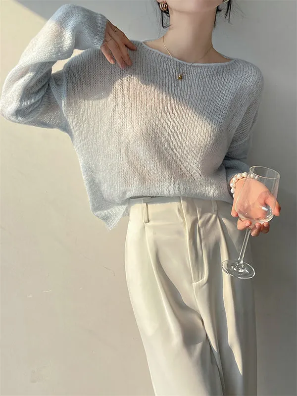 Gentle Mohair Knitted Loose Long Sleeves Solid Color Thin Sweater Tops