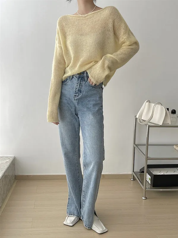 Gentle Mohair Knitted Loose Long Sleeves Solid Color Thin Sweater Tops