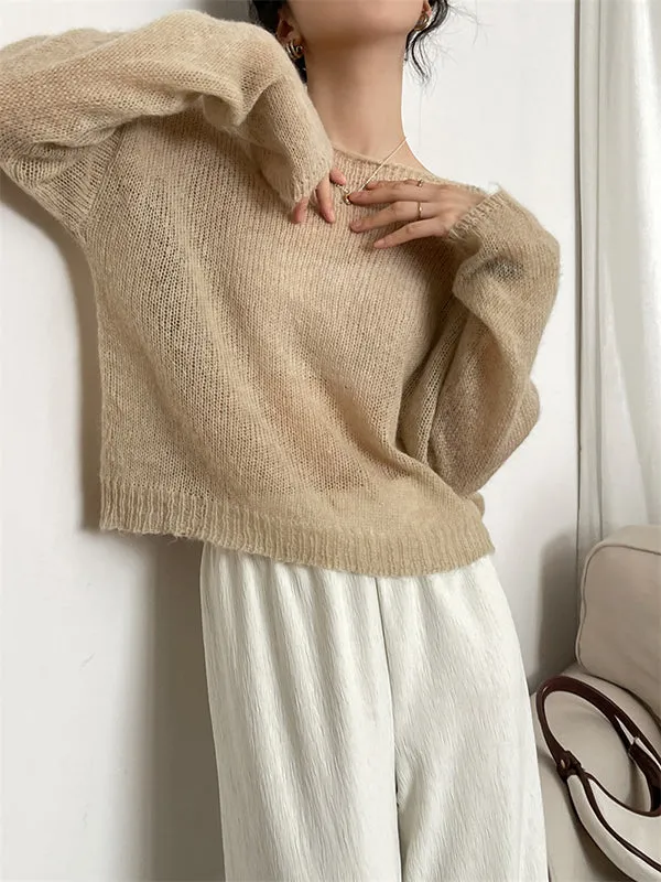 Gentle Mohair Knitted Loose Long Sleeves Solid Color Thin Sweater Tops