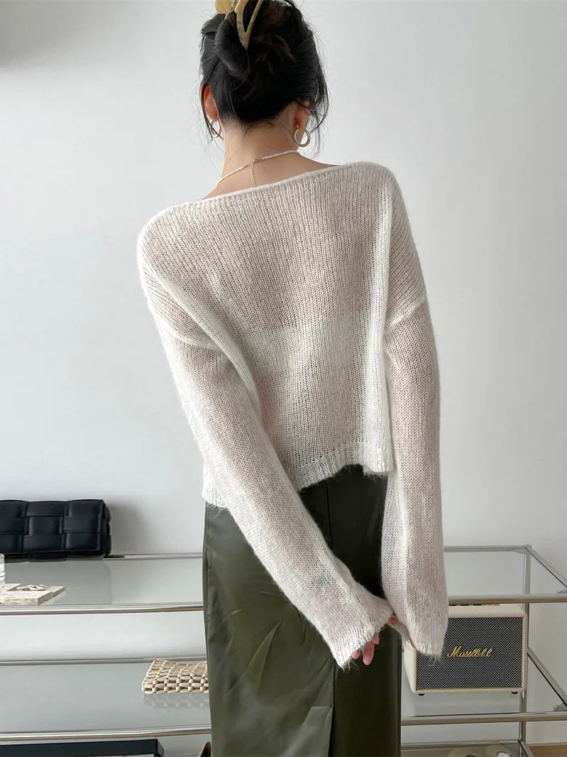 Gentle Mohair Knitted Loose Long Sleeves Solid Color Thin Sweater Tops