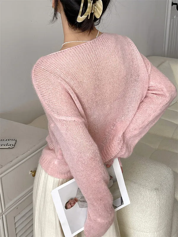 Gentle Mohair Knitted Loose Long Sleeves Solid Color Thin Sweater Tops