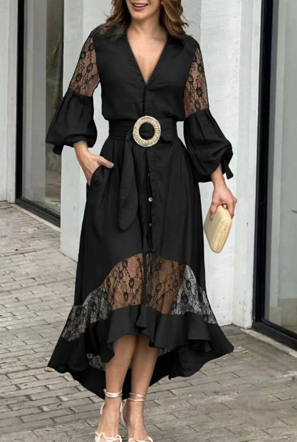 Green Casual Full Sleeve V Neck Lapel Long Dress