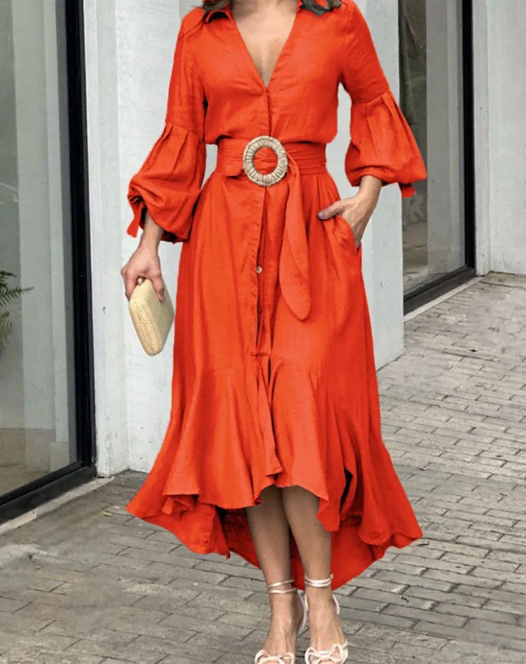 Green Casual Full Sleeve V Neck Lapel Long Dress