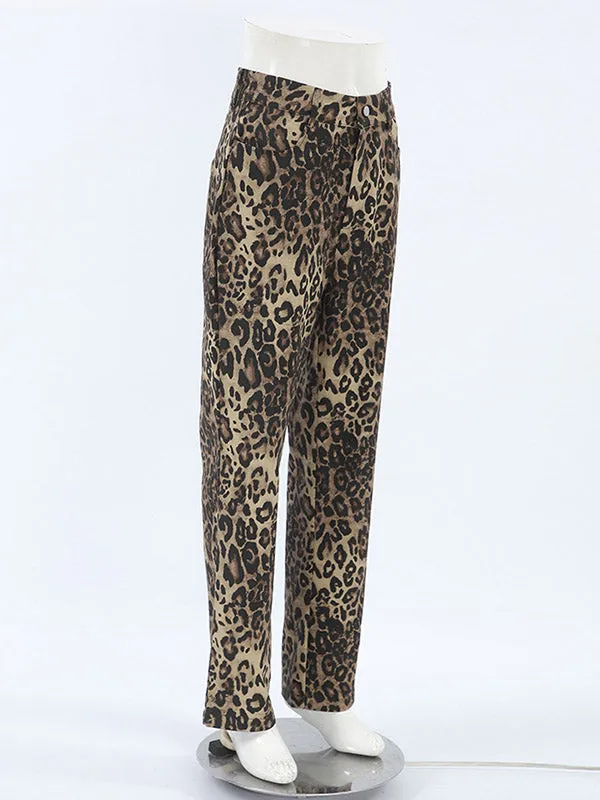 High Waisted Leopard Pockets Pants Trousers