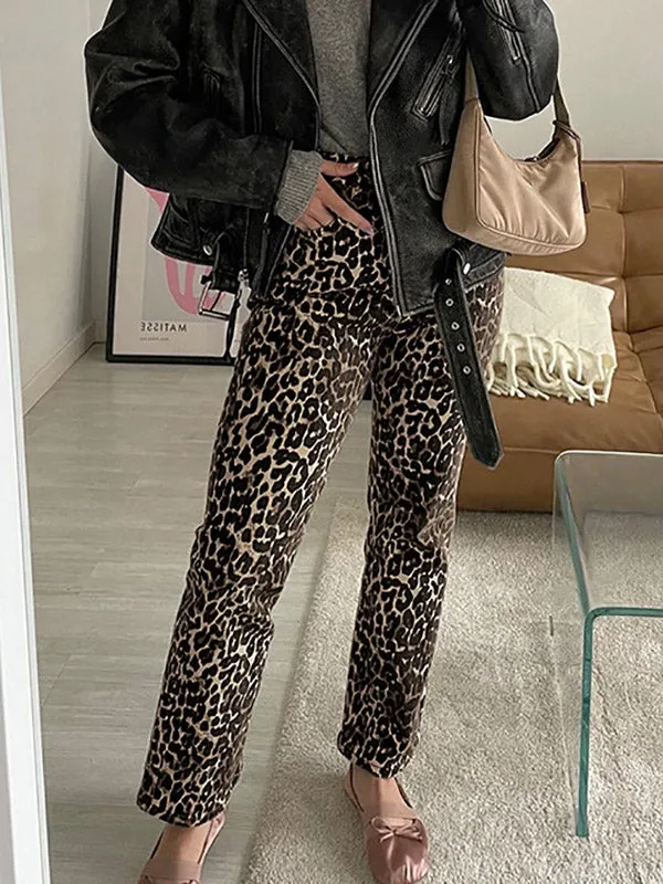 High Waisted Leopard Pockets Pants Trousers