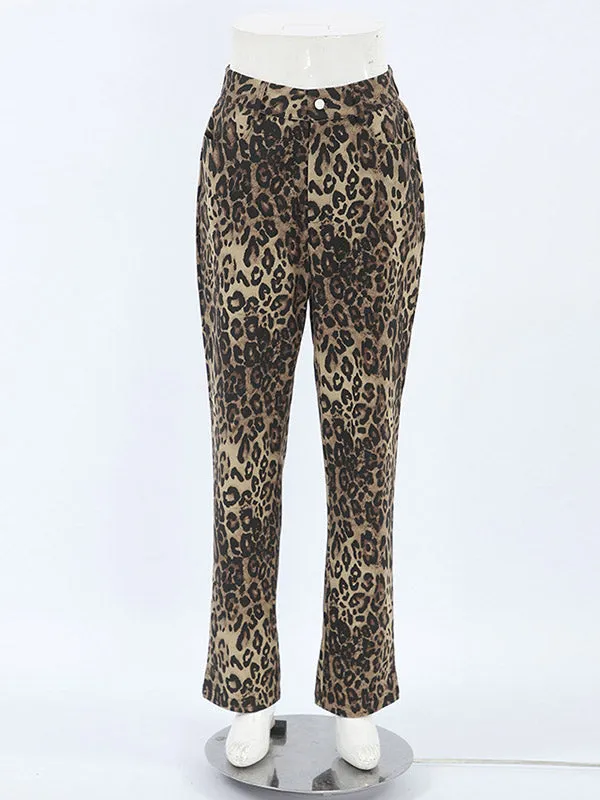 High Waisted Leopard Pockets Pants Trousers