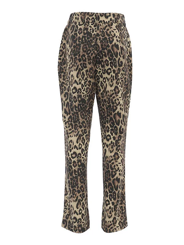 High Waisted Leopard Pockets Pants Trousers