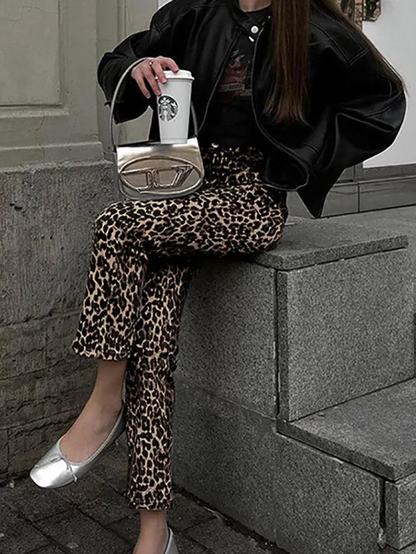 High Waisted Leopard Pockets Pants Trousers