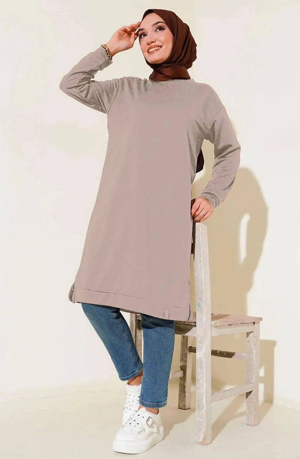 Long Tunic with Side Slits - Mink Grey