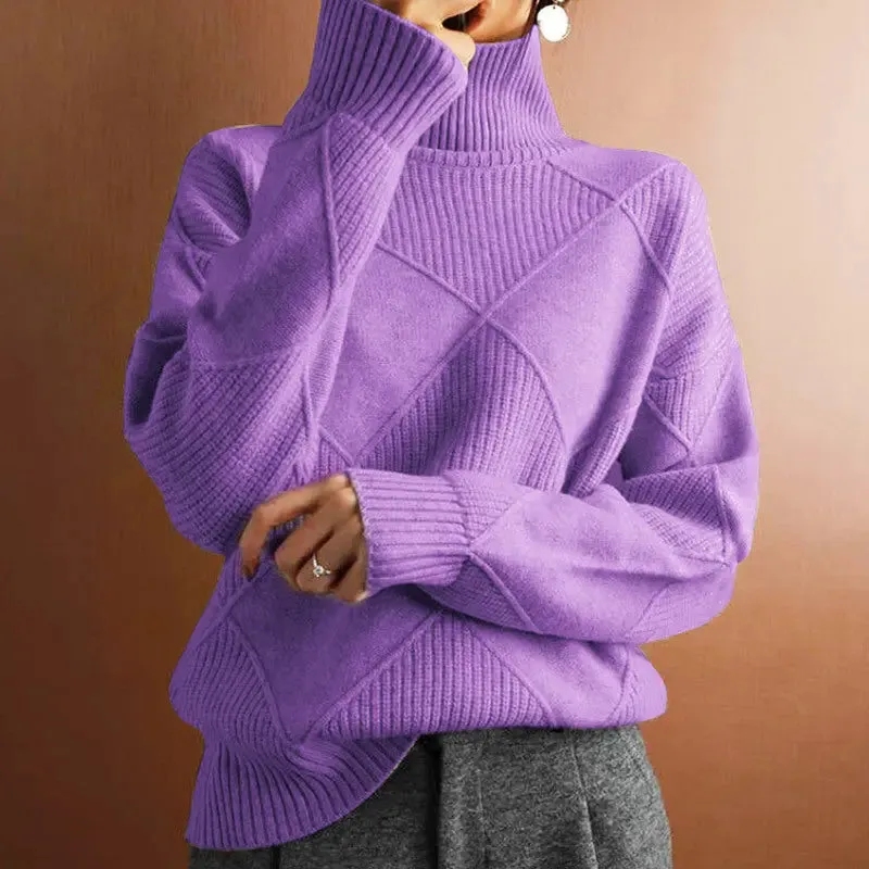 Loose High Collar Warm Sweater Solid Color Knitted Women