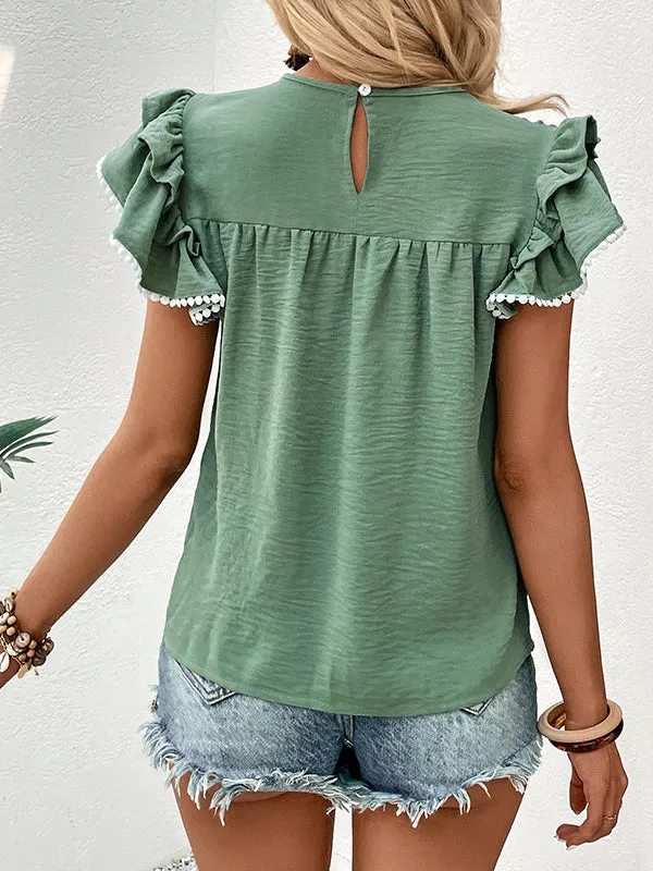 Loose Ruffle Sleeves Pleated Round-neck T-Shirts Tops