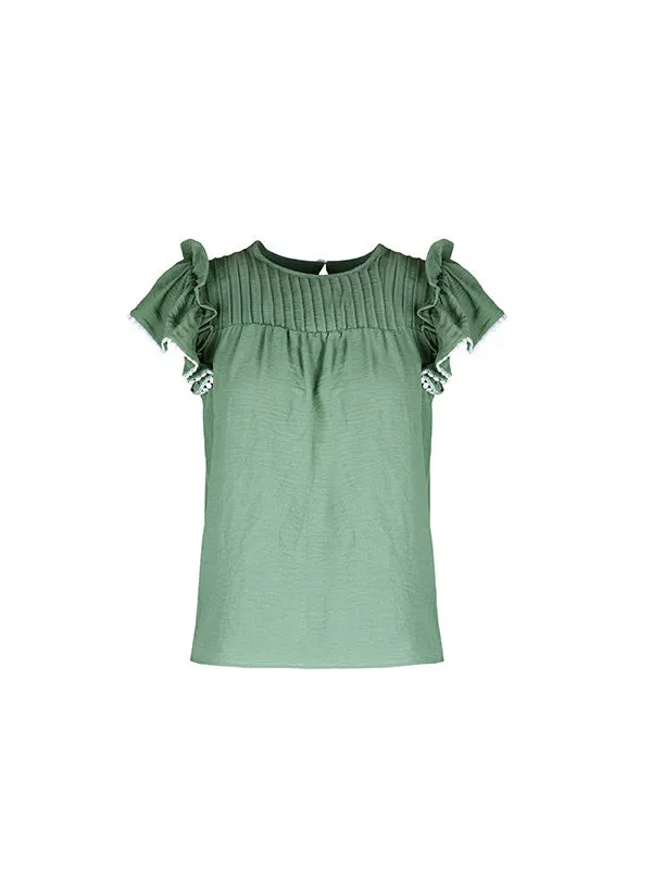 Loose Ruffle Sleeves Pleated Round-neck T-Shirts Tops