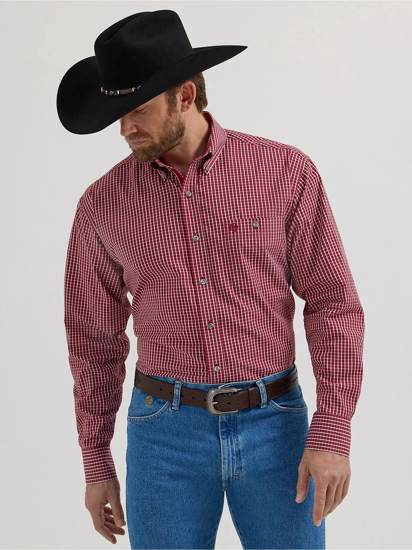 Men's Wrangler George Strait Red Check Long Sleeve Button Down Shirt