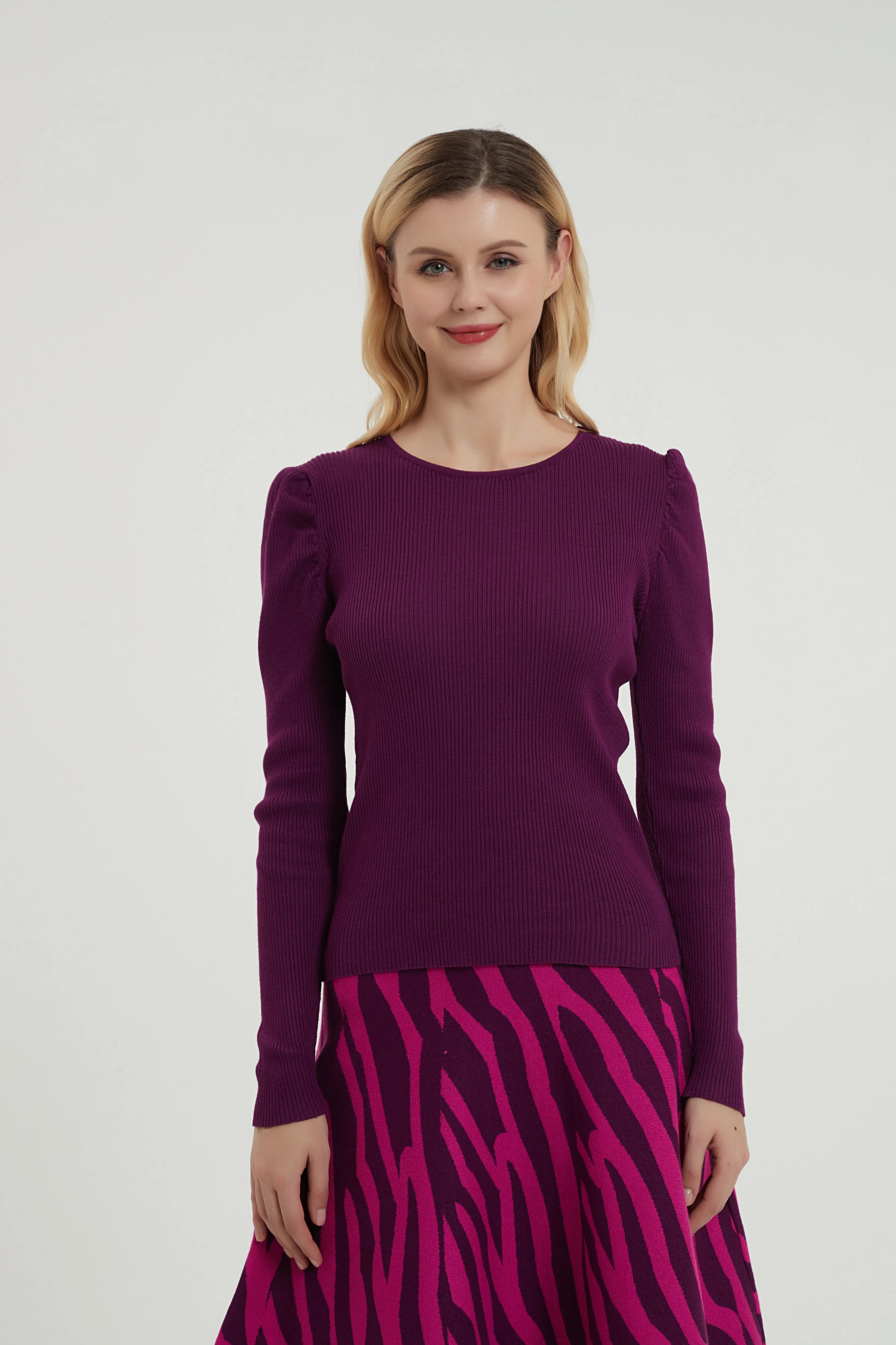 MM PUFFED SLEEVE RIBBED TOP PURPLE