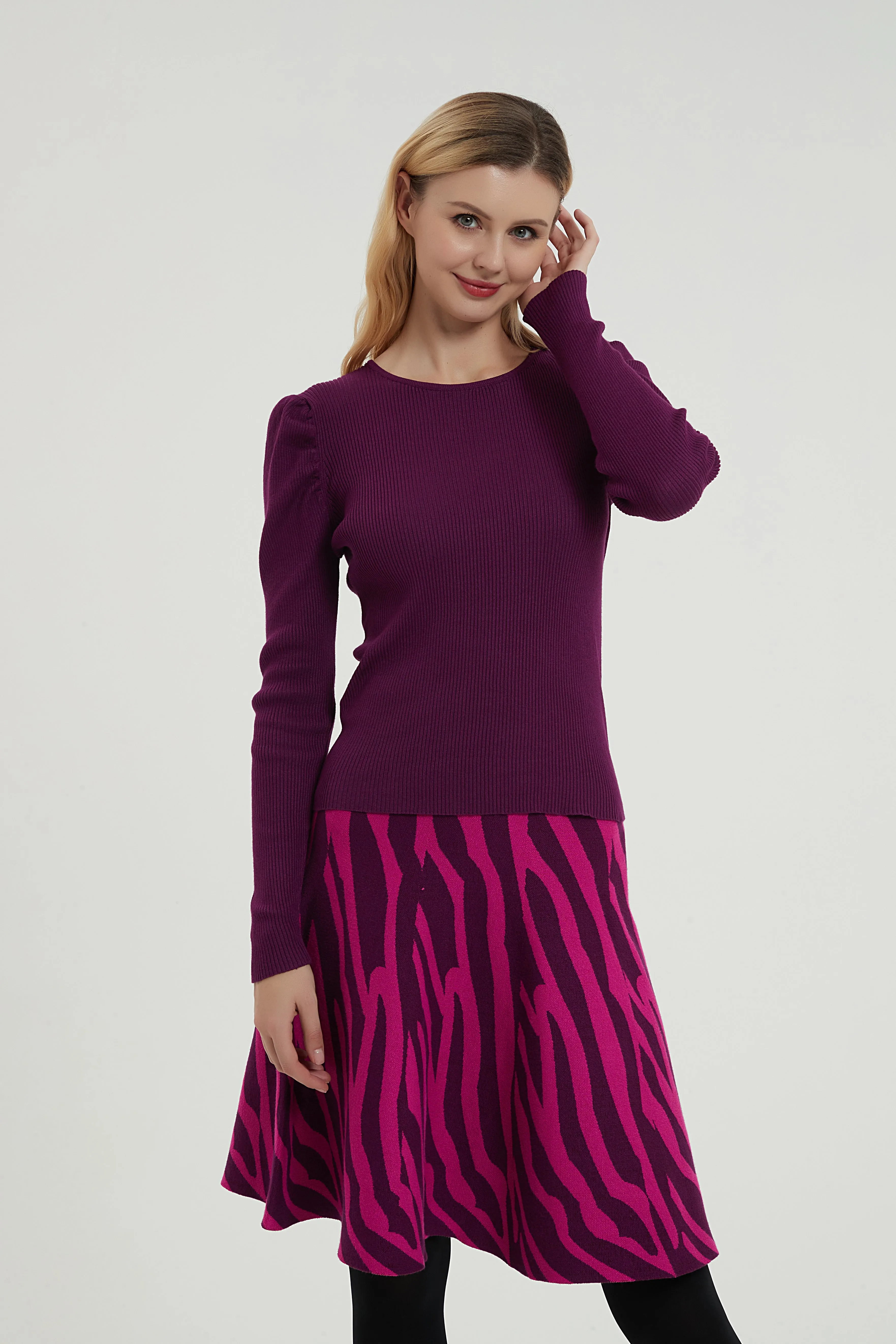 MM PUFFED SLEEVE RIBBED TOP PURPLE