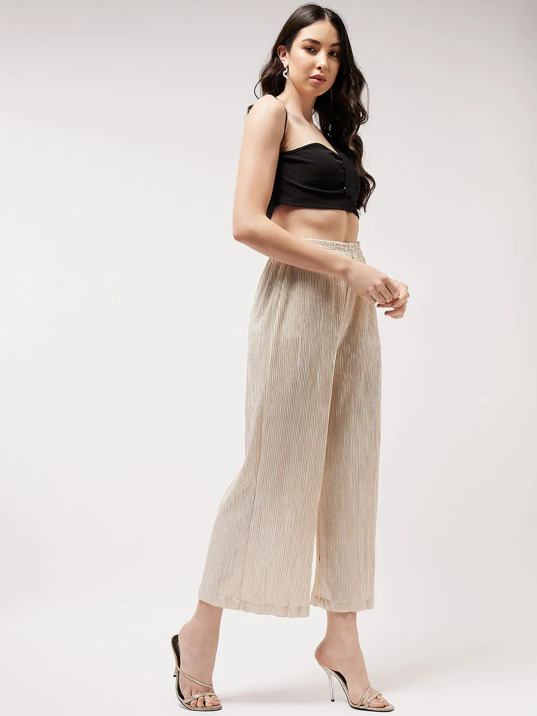 One-shoulder Crop Top With Shimmer Pleated Pants Set