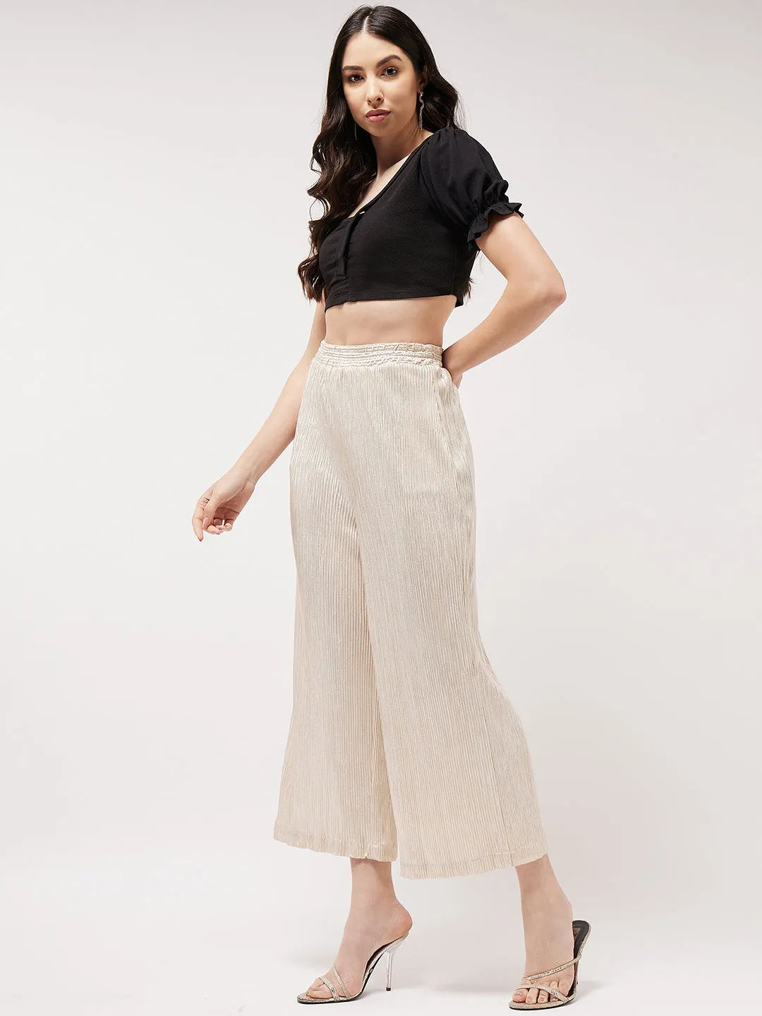 One-shoulder Crop Top With Shimmer Pleated Pants Set