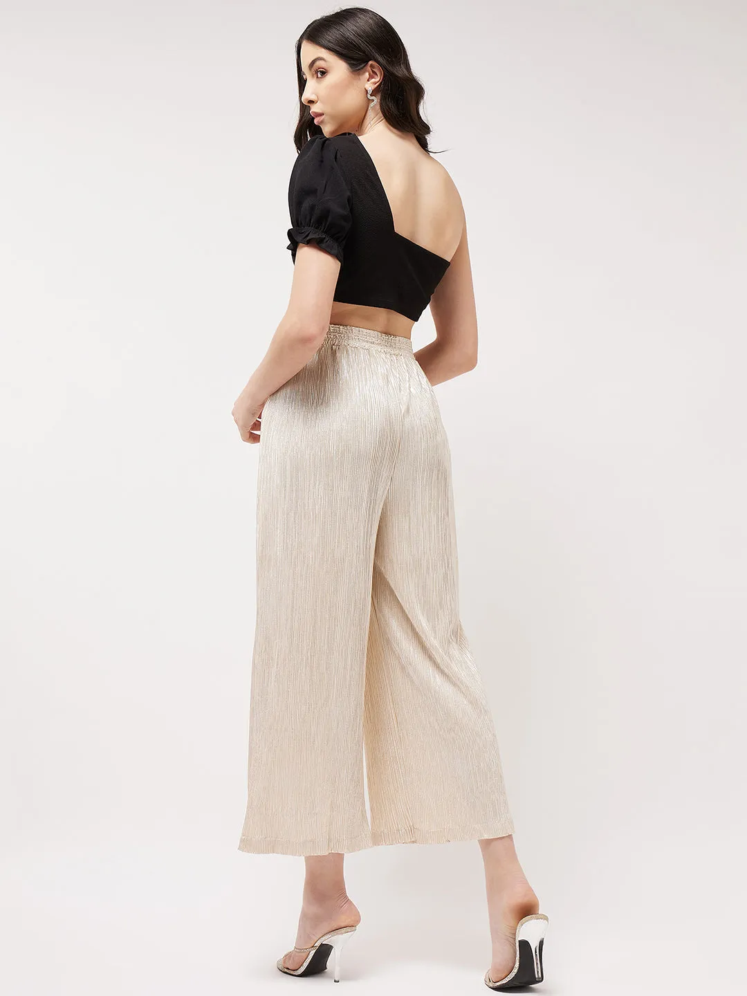 One-shoulder Crop Top With Shimmer Pleated Pants Set