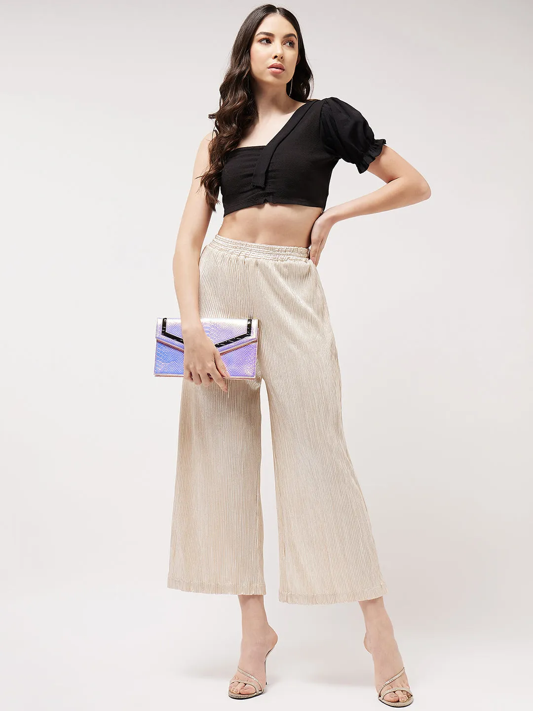 One-shoulder Crop Top With Shimmer Pleated Pants Set