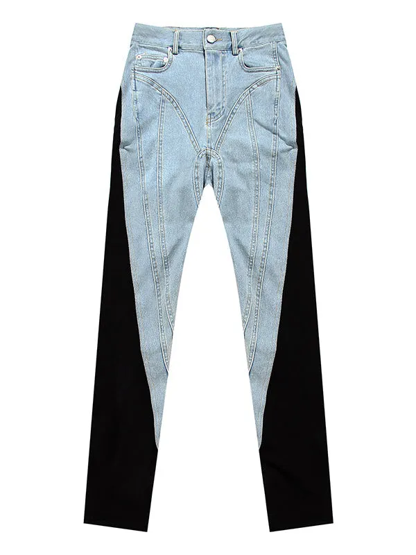 Original Stylish Contrast Color Split-Joint Jean Pants