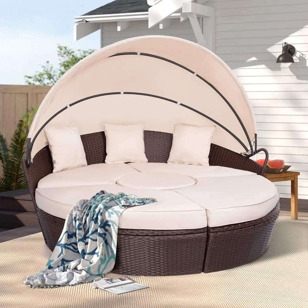 Outdoor Sectional Round Daybed with Retractable Canopy & Coffee Table