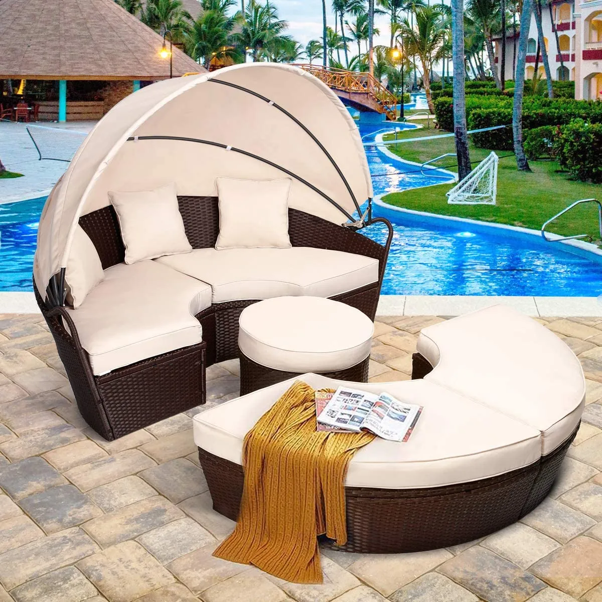 Outdoor Sectional Round Daybed with Retractable Canopy & Coffee Table