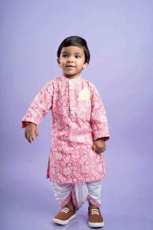 Pink and white floral kurta with classic white dhoti pants, a festive favorite for little ones