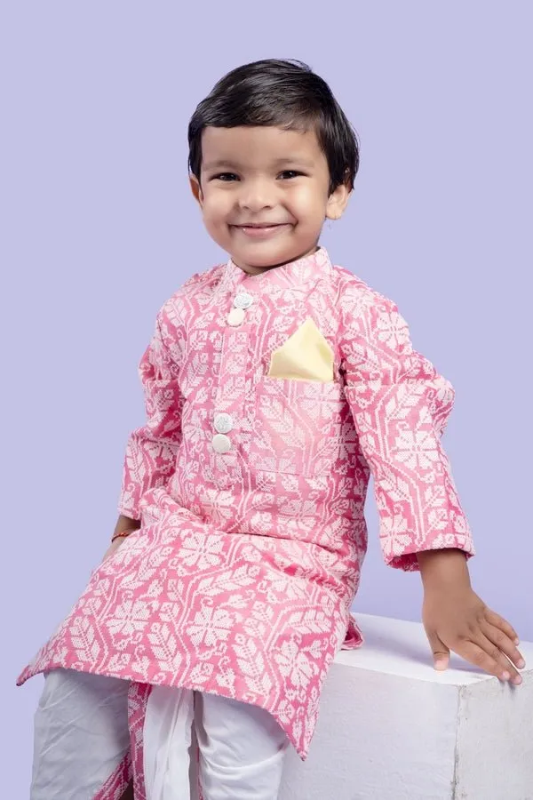 Pink and white floral kurta with classic white dhoti pants, a festive favorite for little ones