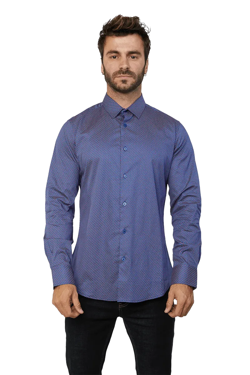 Platini Navy Monogram Digital Print Dress Shirt