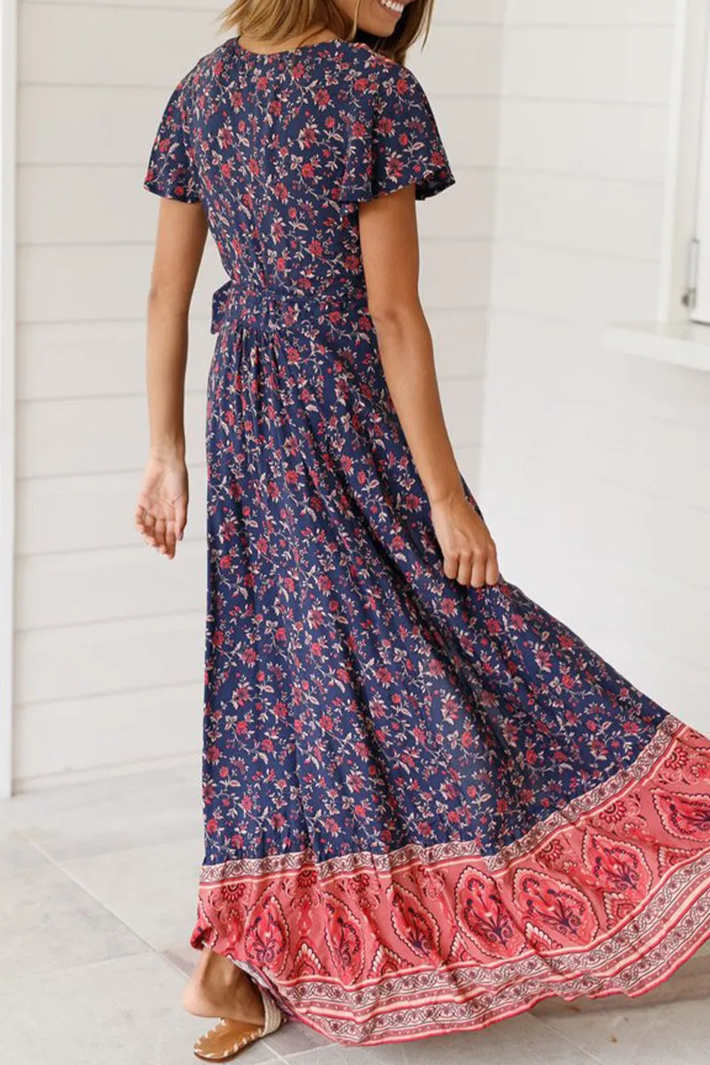 Sexy Elegant Print V Neck A Line Dresses