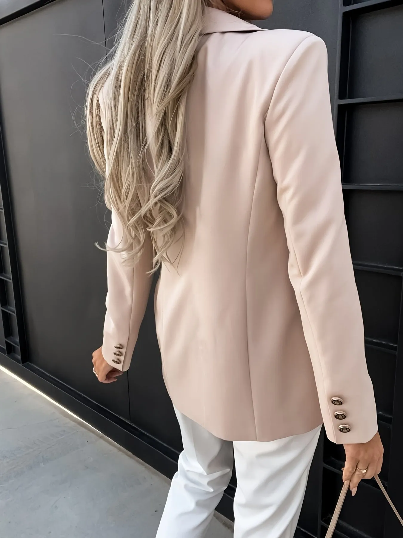 Solid Button Pocket Open Front Long Sleeve Blazer With Wide Lapels