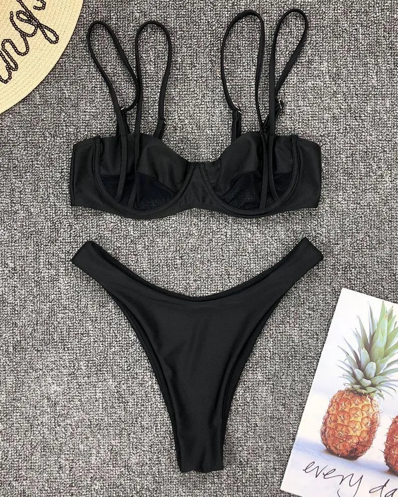 Solid Strap Bra With Panties Sexy Sets Bikini Sets