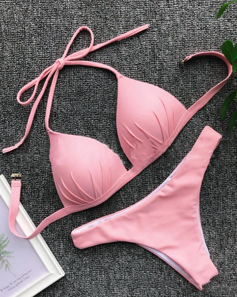 Solid Strap Bra With Panties Sexy Sets Bikini Sets