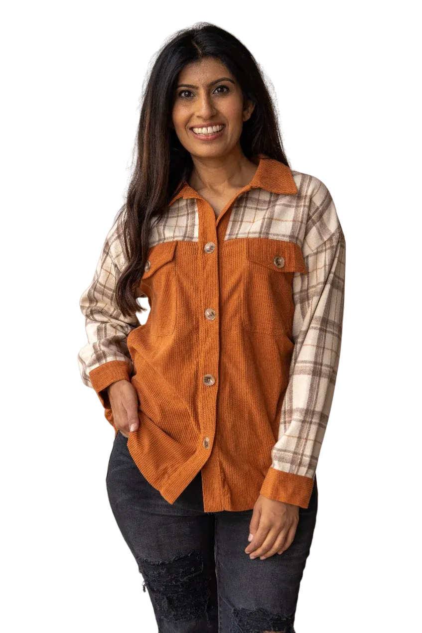 Southern Grace Women's Cozy Calling Rust Plaid Button Down Top