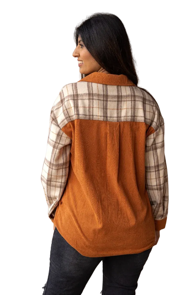 Southern Grace Women's Cozy Calling Rust Plaid Button Down Top