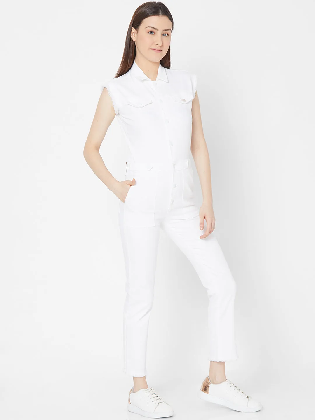 Spykar Women White Cotton Skinny Fit Regular Length Jumpsuits (Ynr)