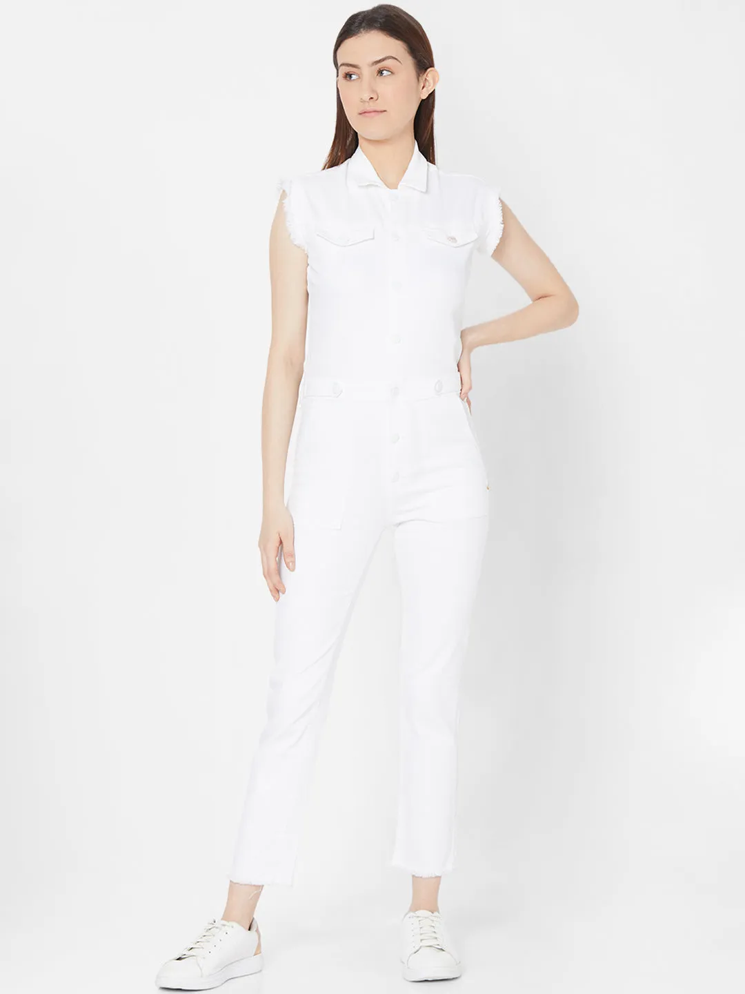 Spykar Women White Cotton Skinny Fit Regular Length Jumpsuits (Ynr)