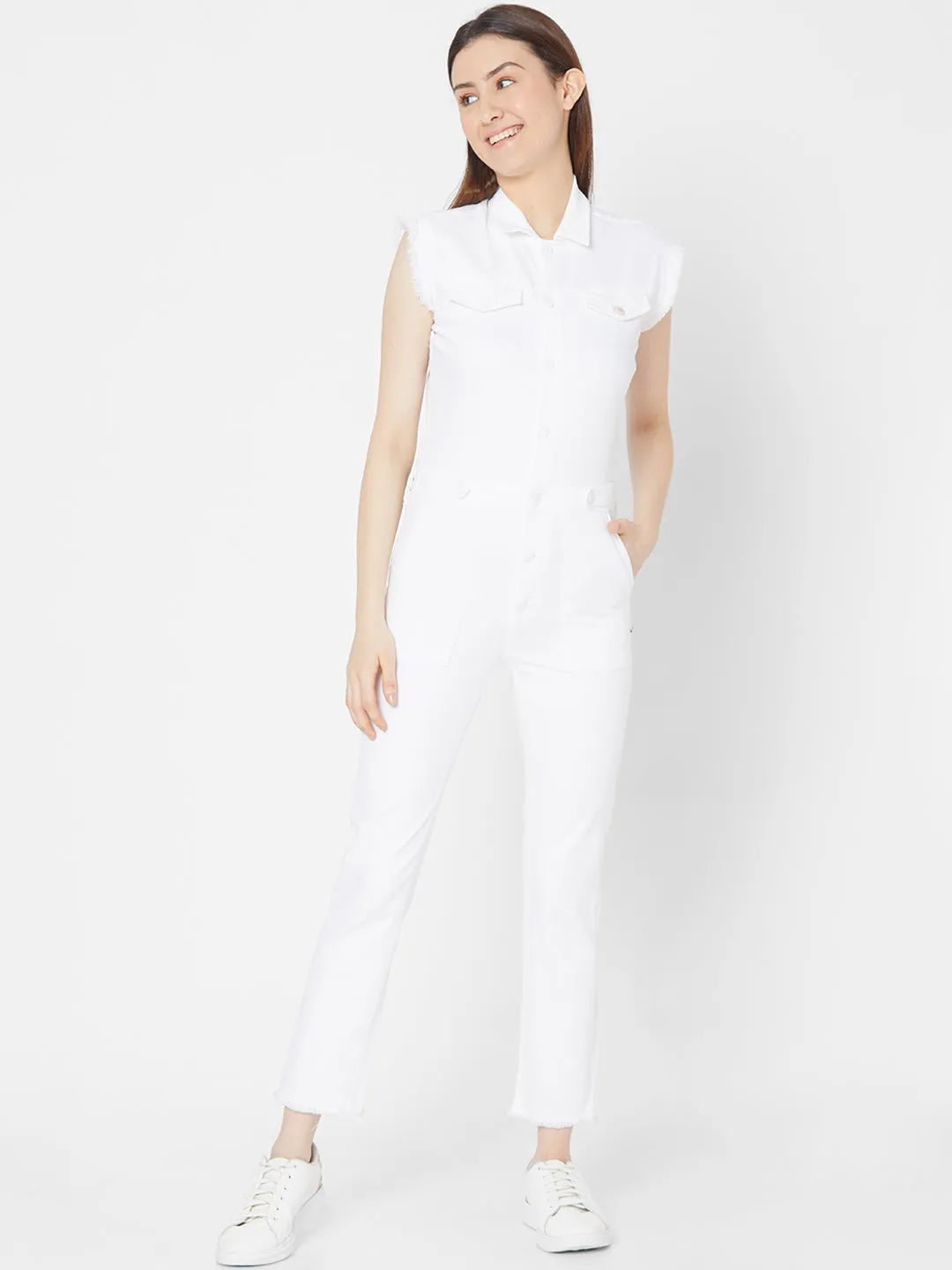 Spykar Women White Cotton Skinny Fit Regular Length Jumpsuits (Ynr)