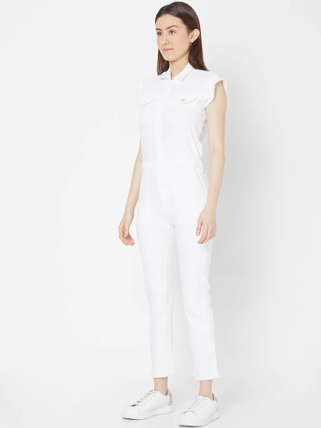 Spykar Women White Cotton Skinny Fit Regular Length Jumpsuits (Ynr)