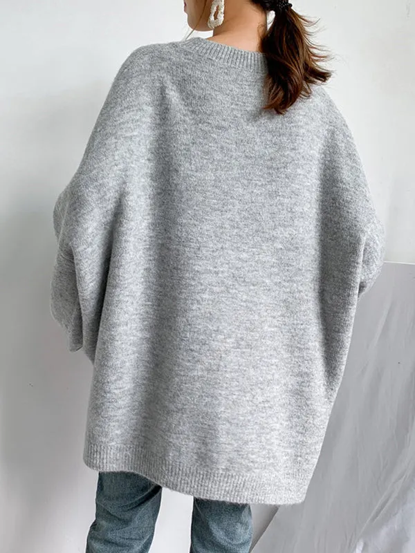 Stretch Mohair-Blend Balloon Sleeves Loose Solid Round-Neck Sweater Tops