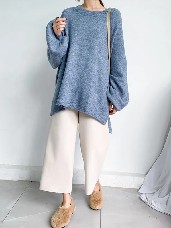 Stretch Mohair-Blend Balloon Sleeves Loose Solid Round-Neck Sweater Tops