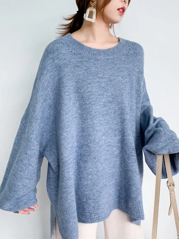 Stretch Mohair-Blend Balloon Sleeves Loose Solid Round-Neck Sweater Tops