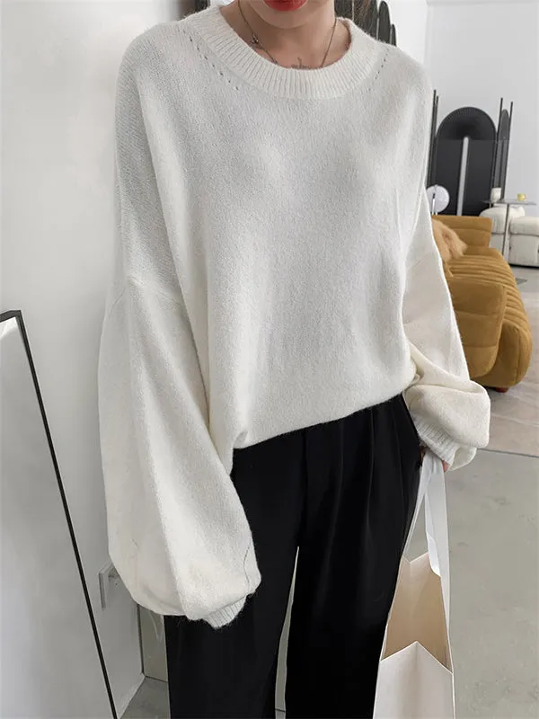 Stretch Mohair-Blend Balloon Sleeves Loose Solid Round-Neck Sweater Tops