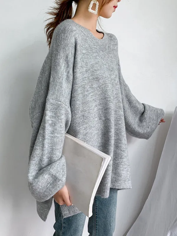 Stretch Mohair-Blend Balloon Sleeves Loose Solid Round-Neck Sweater Tops