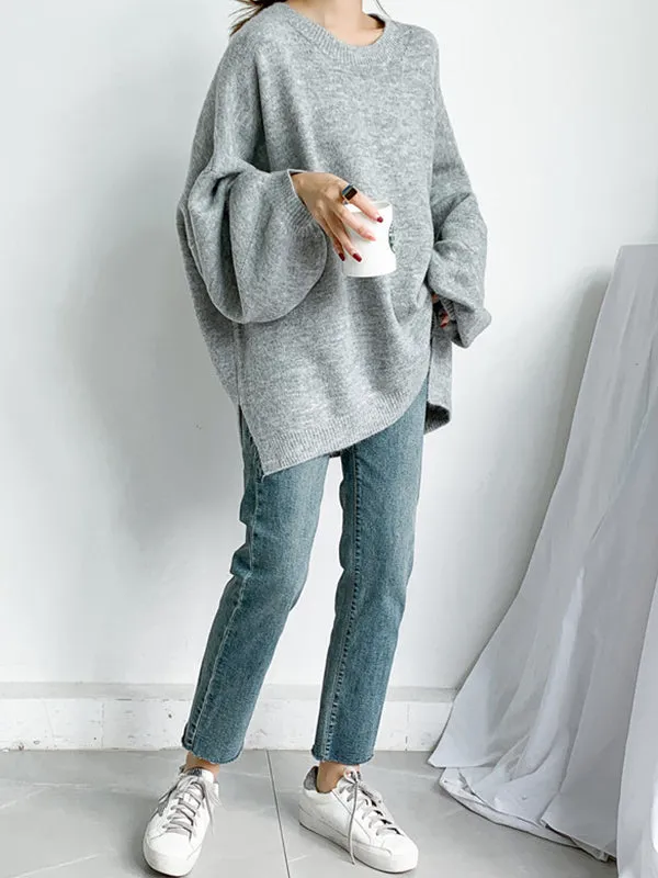 Stretch Mohair-Blend Balloon Sleeves Loose Solid Round-Neck Sweater Tops