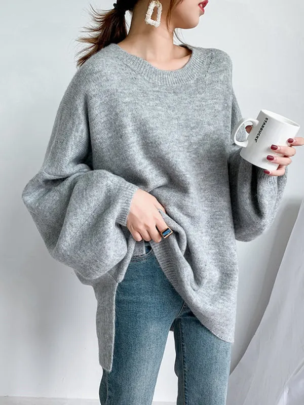 Stretch Mohair-Blend Balloon Sleeves Loose Solid Round-Neck Sweater Tops