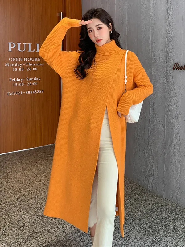 Stylish Long Sleeves Split-Front Solid Color High-Neck Sweater Tops