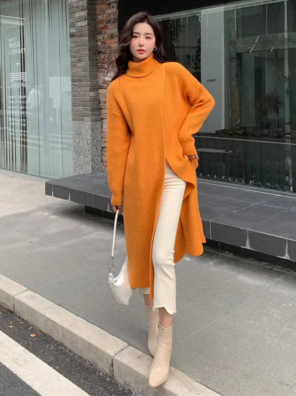 Stylish Long Sleeves Split-Front Solid Color High-Neck Sweater Tops